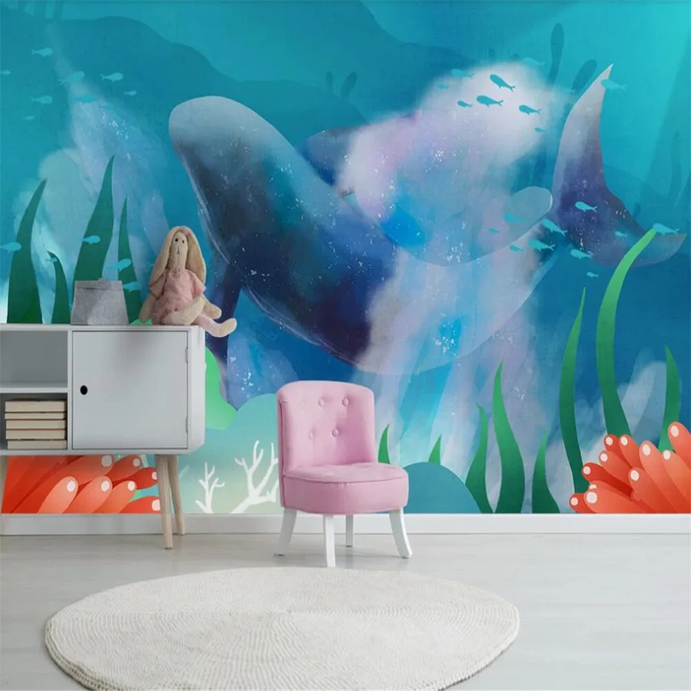 

Milofi Custom 3D Wallpaper Mural Watercolor Mediterranean Sea Ocean Whale Children's Room Background Wall Decoration Painting Wa