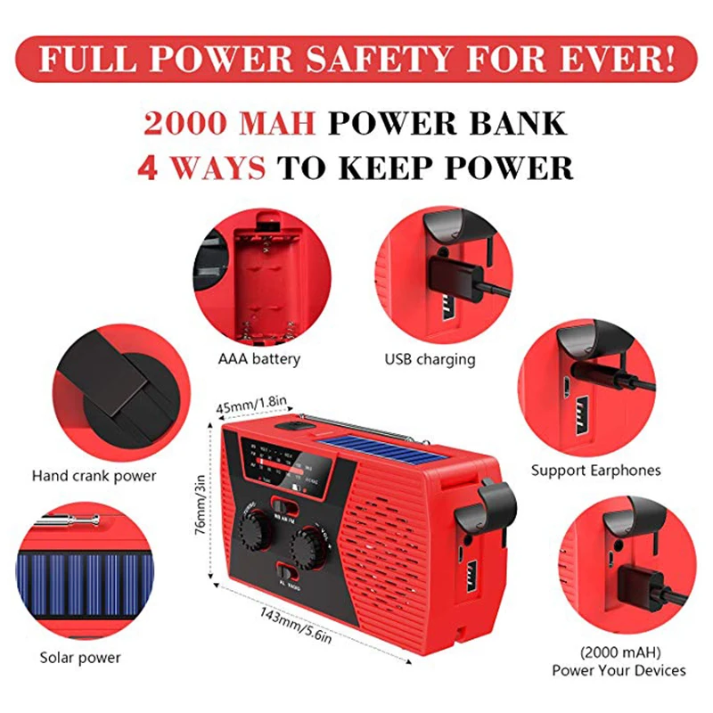 

Multifunctional Hand Crank Solar Power Weather Radio Use Emergency Charge LED Flashlight Hiking Camping Fishing Tools SOS Alert