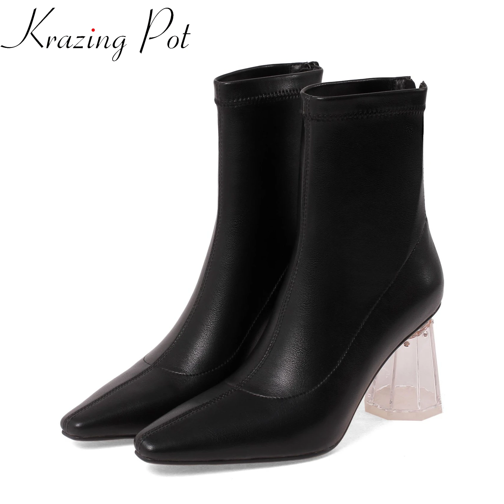 

krazing pot stretch fabric square toe Chelsea boots crystal thick high heels model wear beauty winter princess ankle boots l80
