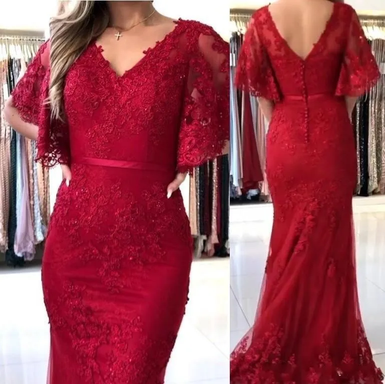 

Elegant Burgundy Mermaid Evening Dresses V Neck Lace Appliques Beaded Poet Sleeves Formal Dresses Evening Wear Party Gowns