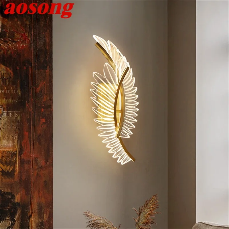 

AOSONG Postmodern Brass Wall Lights Sconces Simple Feather Shape Lamp Fixtures Decorative for Home