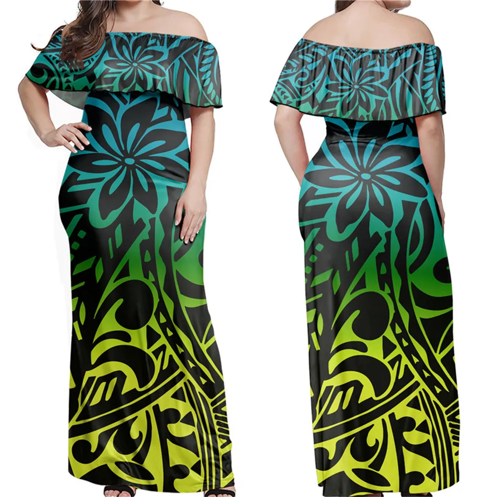 

Jackherelook градиент Polynesain Племенной Цветочный принт женское платье с открытыми плечами длинное платье для вечерние ночное летнее облегающее п...