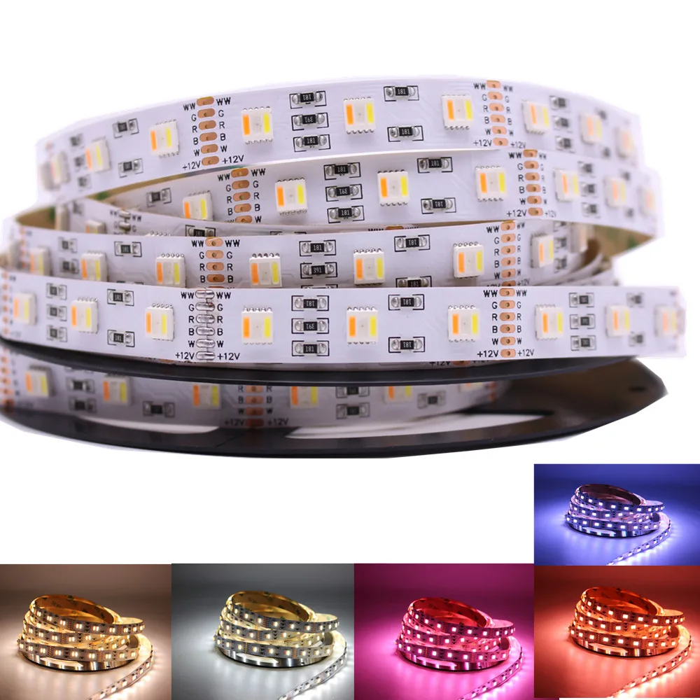 

12MM PCB RGB CCT LED Strip 5050 DC12V Flexible Light RGB+White+Warm White 5 Color In 1 LED Chip 60 LED/m 5m/lot Waterproof