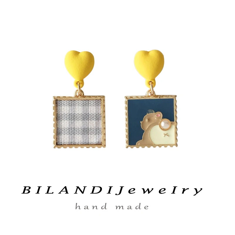 

S925 needle Cute Jewelry Yellow Heart Earrings Popular Style Metal Golden Plating Asymmetrical Drop Earrings For Young Girl Gift