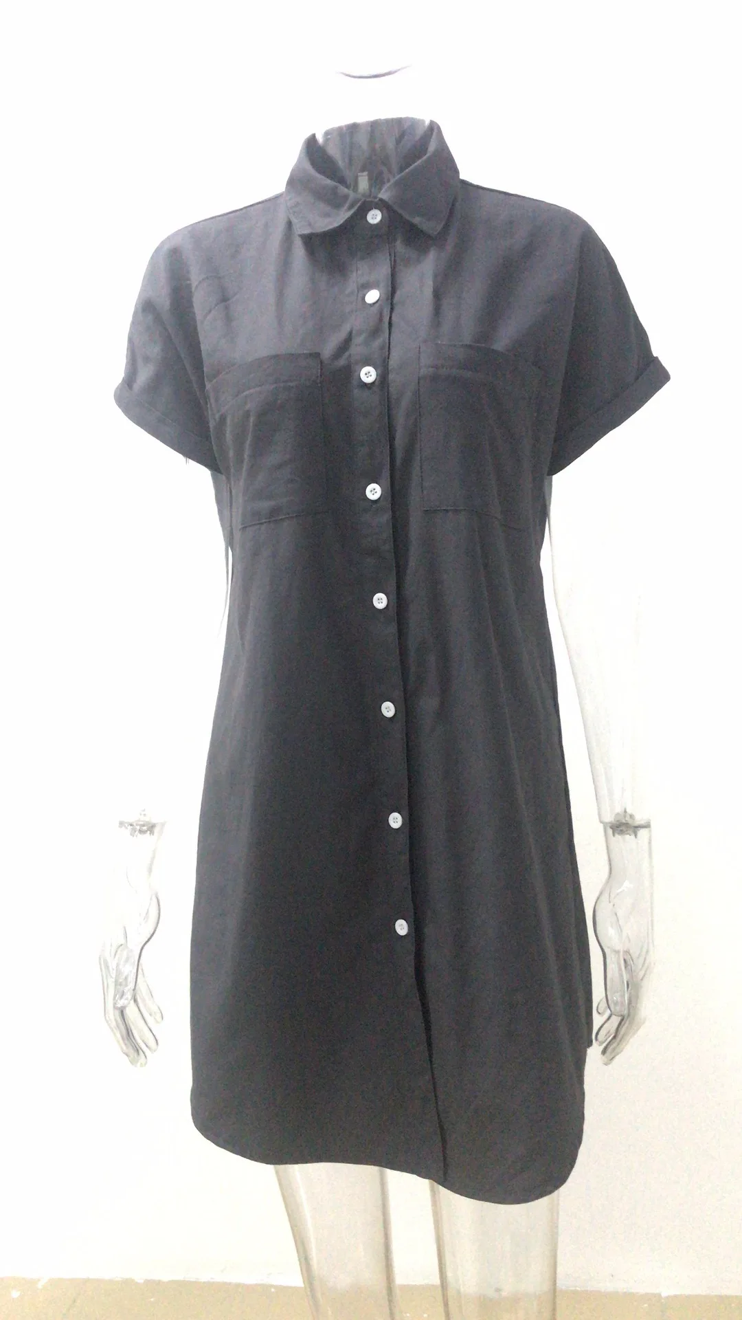 

2021 new short-sleeved lapel solid color denim shirt single-breasted ladies shirt