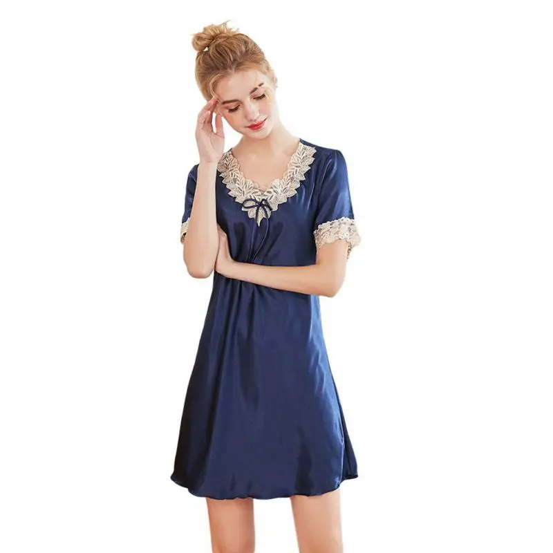 

Женские атласные шелковые ночные рубашки, пижамы, Женская кружевная ночная рубашка с коротким рукавом, женская одежда для сна