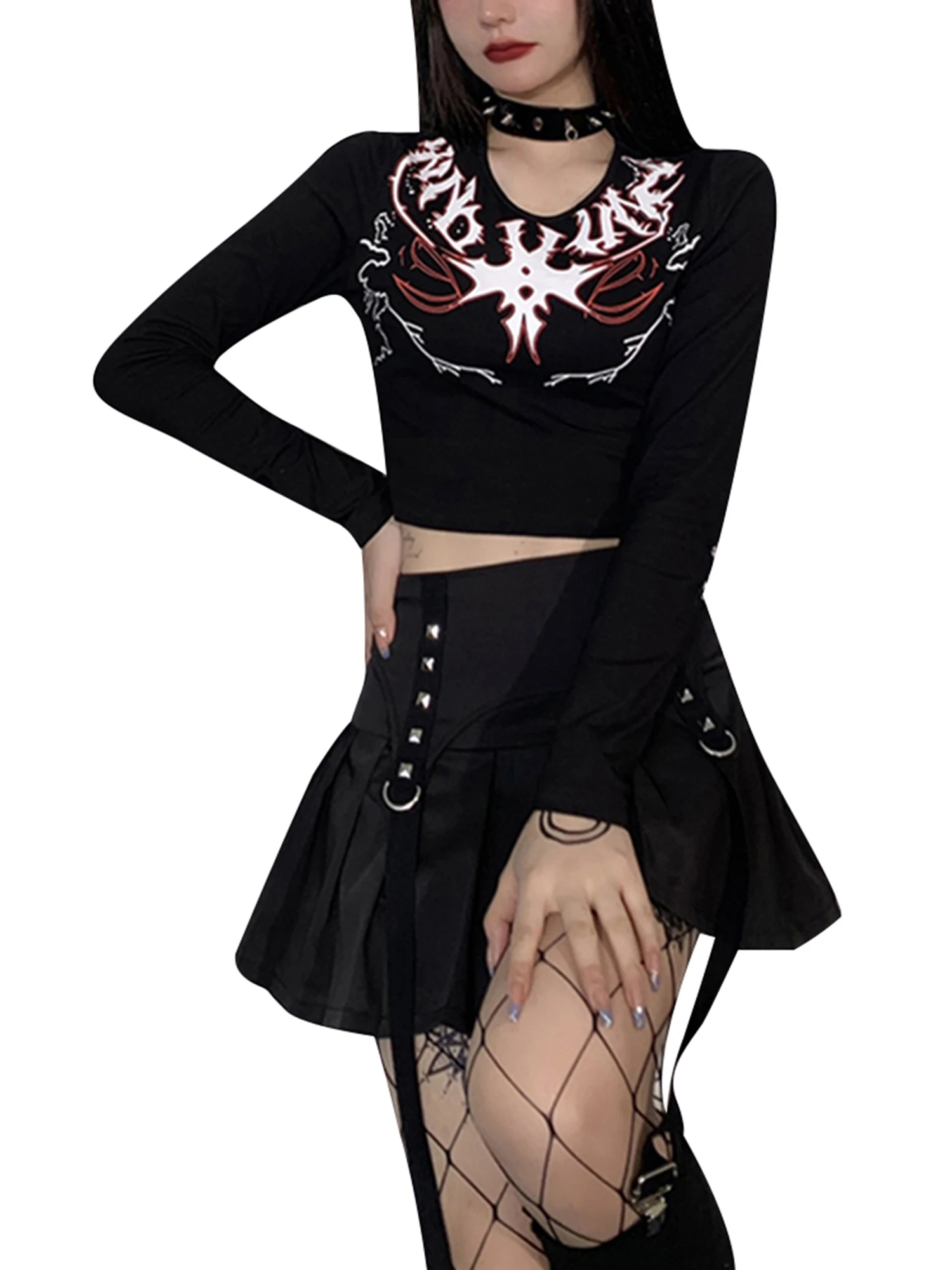 

2021 Autumn Ladies Round Collar T-shirt Abstract Printing Long Sleeve Casual Midriff-baring Tops Slim Base Shirt