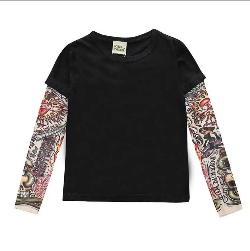Spring and Autumn Period for boys girls T-shirt children's wear Long sleeves Tattoo with tattoos Two false pieces | Детская одежда