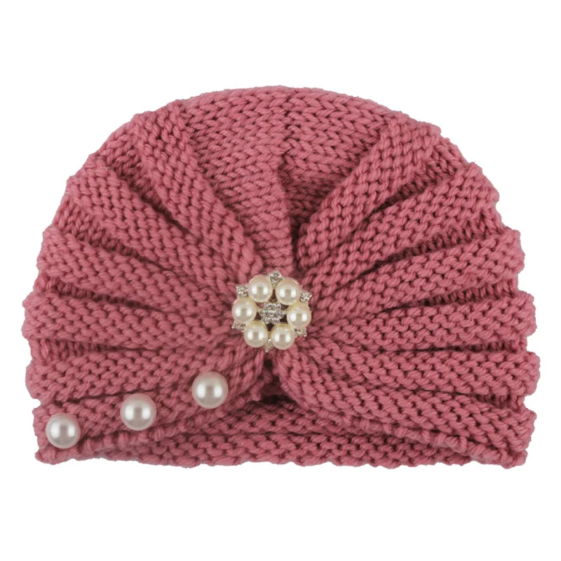 Deep pink Вязаная Детская зимняя шапка для девочек, 12 цветов, детская шапочка-тюрбан с жемчугом, детская шапка, шапка для новорожденных девочек, аксессуары для малышей - Цвет: Deep pink