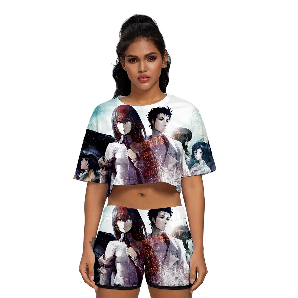 

Anime Steins Gate 3D Print Tracksuit Women Two Piece Set Top and Shorts Outfits Okabe Rintarou Makise Kurisu Cosplay Costume