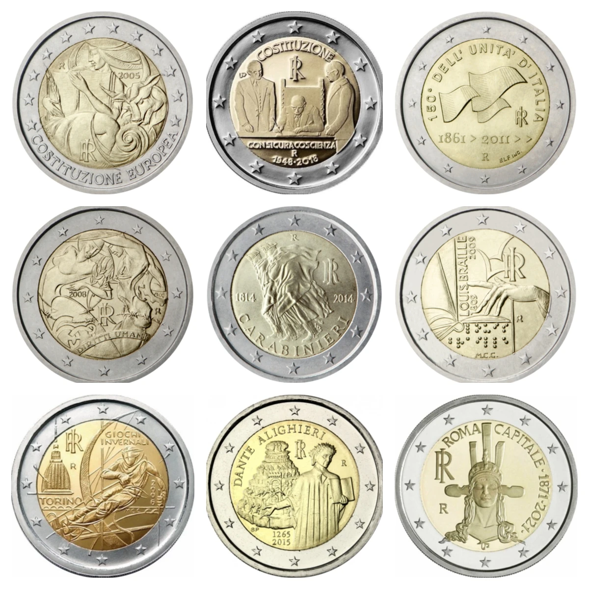 Итальянские оригинальные монеты 2 ЕС 2004-2021 европейские Двуцветные Редкие
