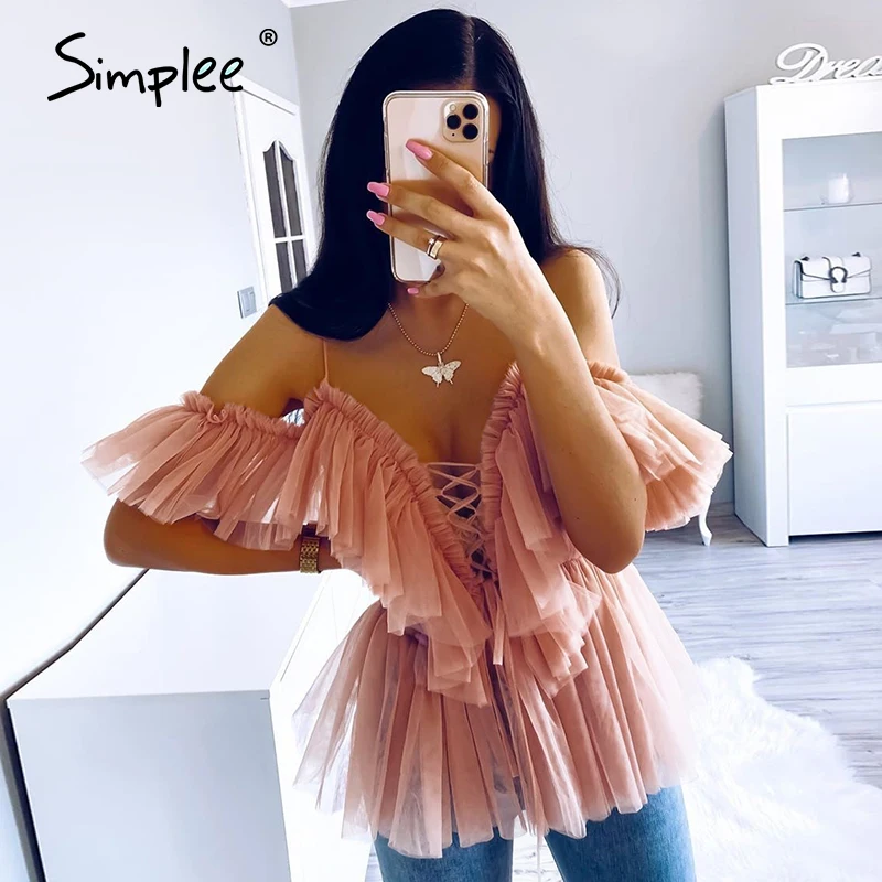 

Simplee V neck strap boho mesh blouse shirt women Ruffle short sleeve elegant peplum tops Summer lace up ladies sexy blusas 2019