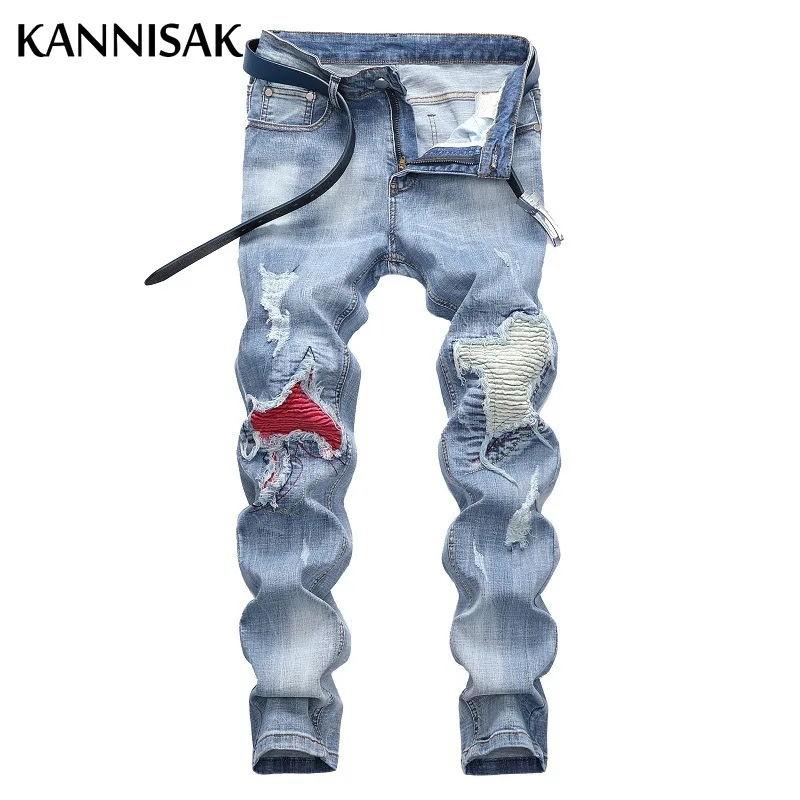 

Джинсы KANNISAK мужские рваные, брюки из денима, пинетки Slim Fit, повседневные Прямые Штаны в полную длину, с аппликацией, светло-голубые