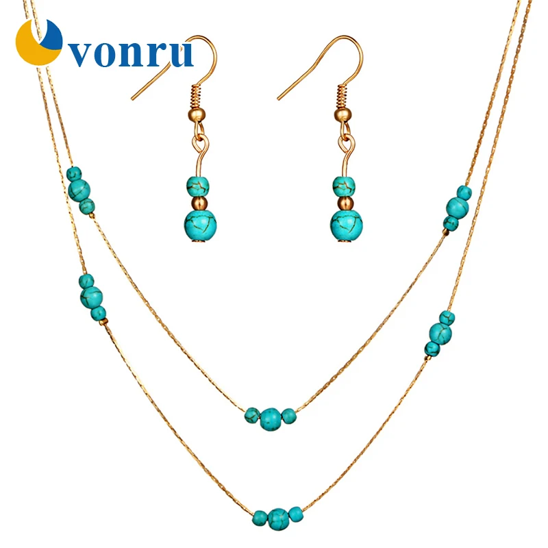 Женский богемный ювелирный набор многослойное ожерелье и серьги с круглым