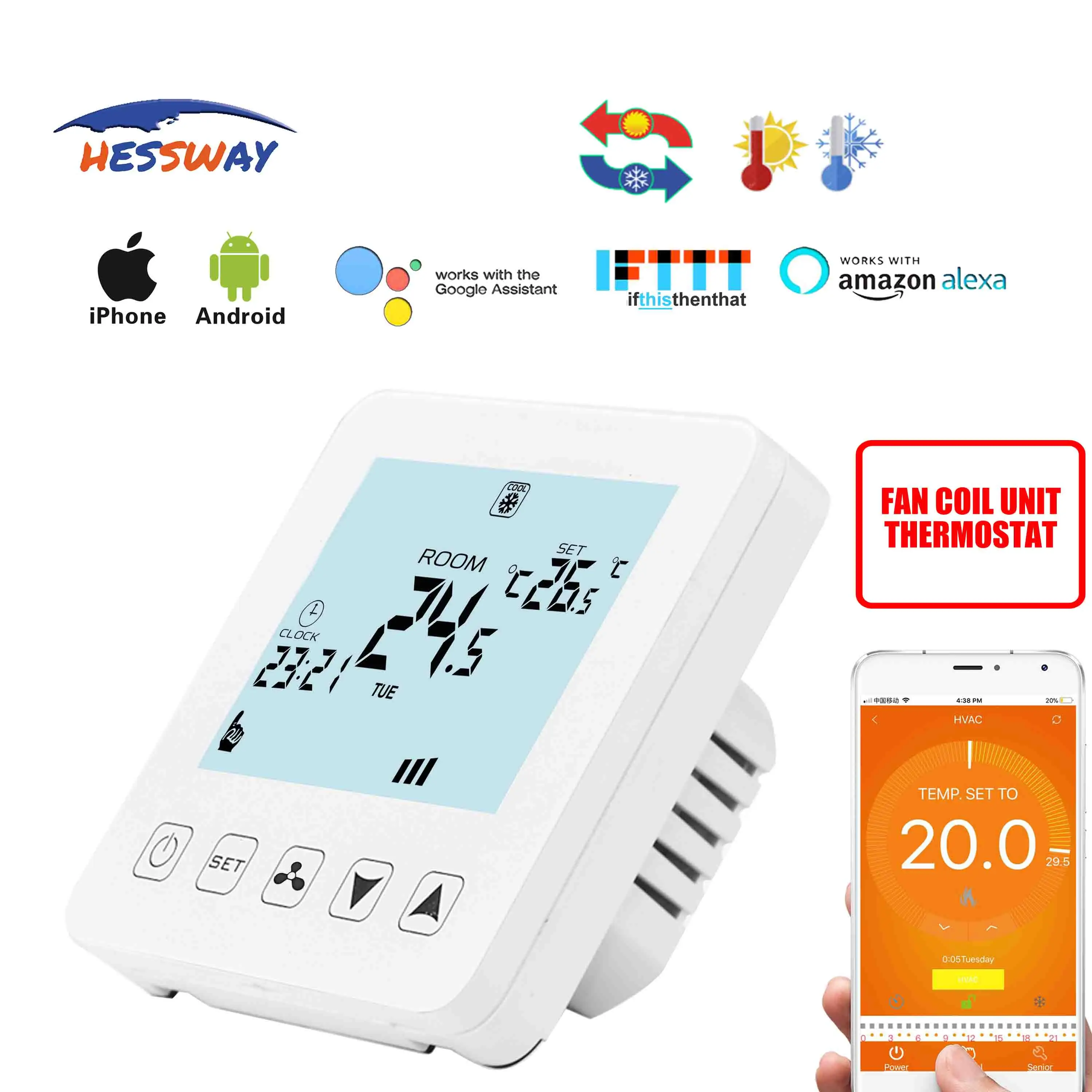 HESSWAY TUYA 4 трубный 2 вентилятор термостат wifi для регулирующего клапана Amazon Alexa и Google