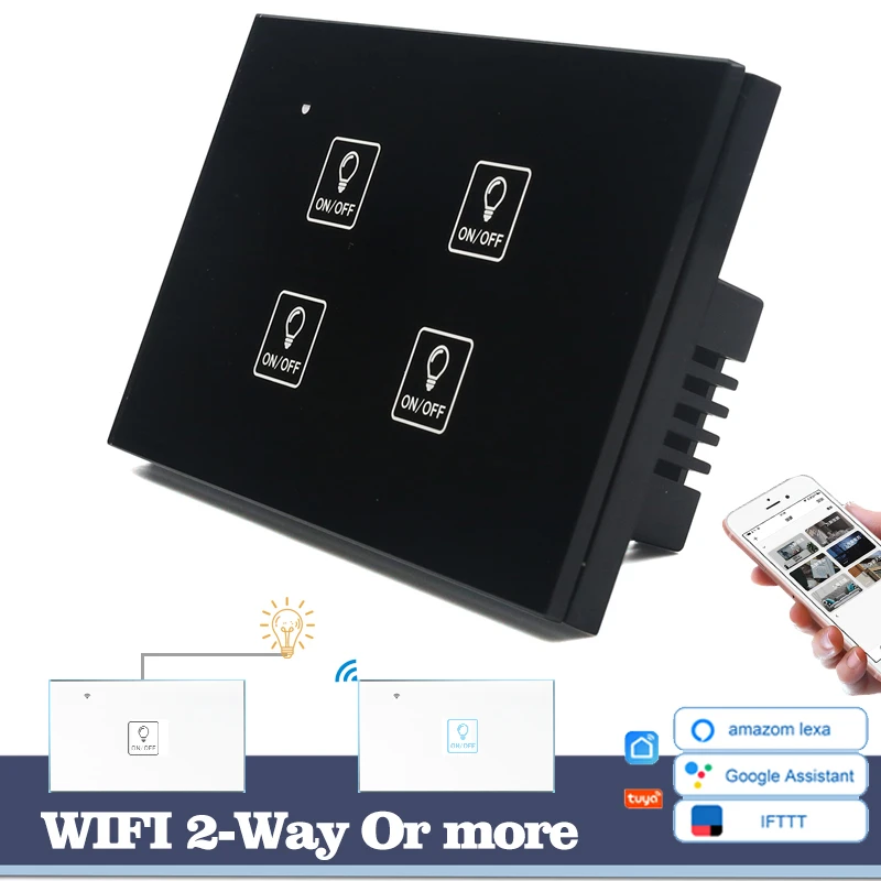 WIFI Touch Light Wall Switch Black Glass Blue LED 118*72mm Universal Smart Home Phone Control 4Gang 2Way Alexa Google Alice |