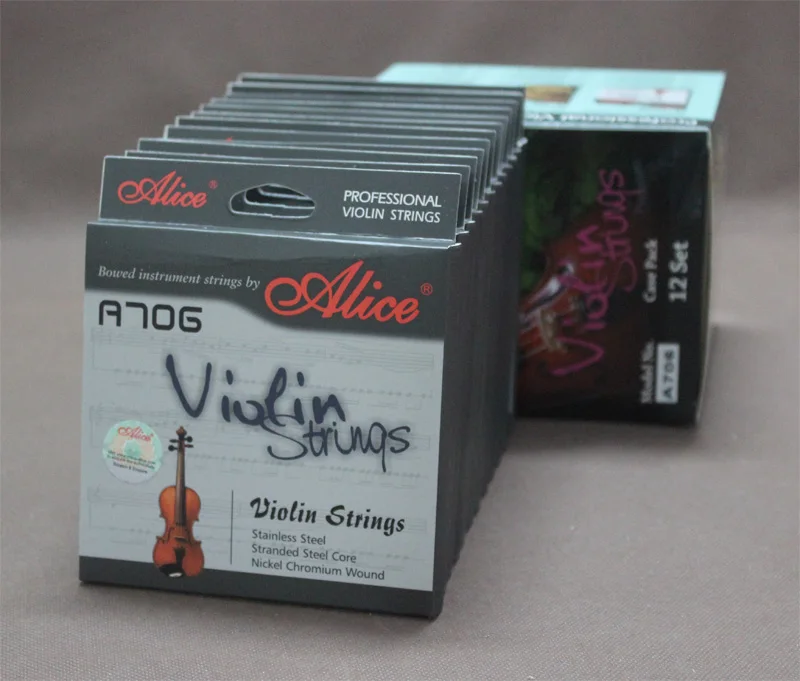 12 Sets Alice A706 Stranded Steel Core Stainless Steel Nickel Chromium Wound 4/4 Size Violin Strings enlarge
