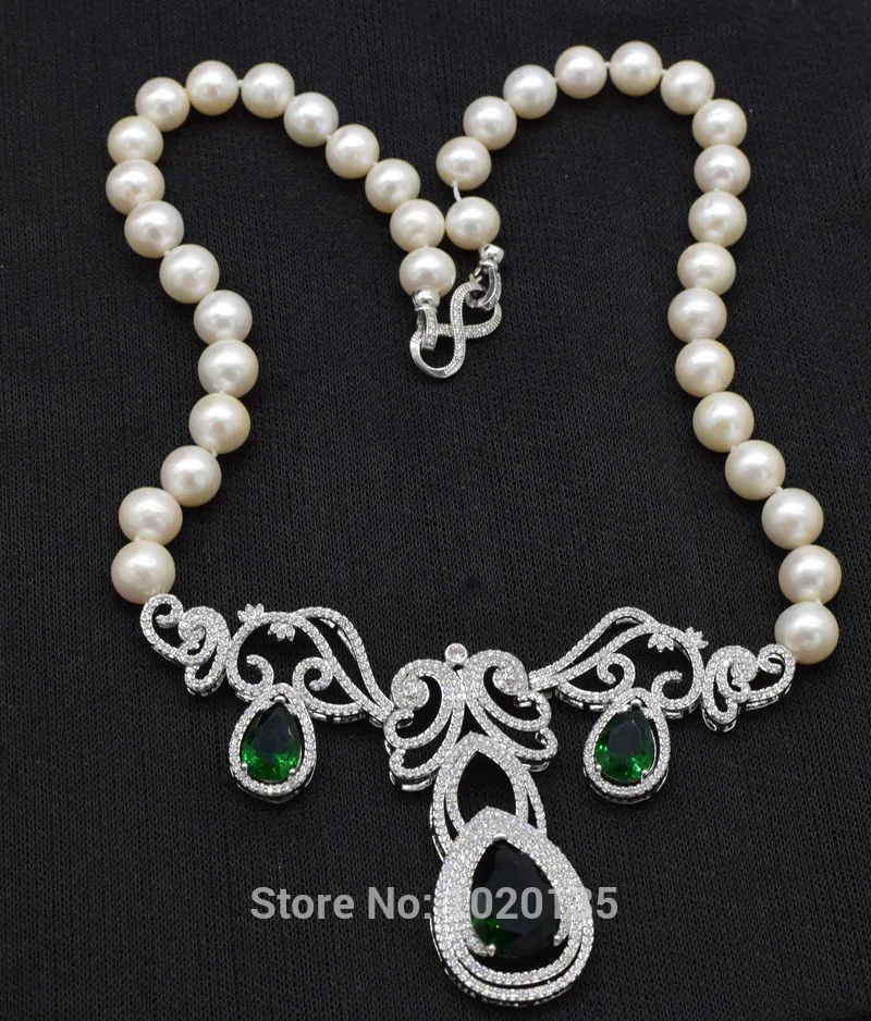 Ожерелье и серьги круглой формы с пресноводным жемчугом 10-11 мм зеленым Цирконом -