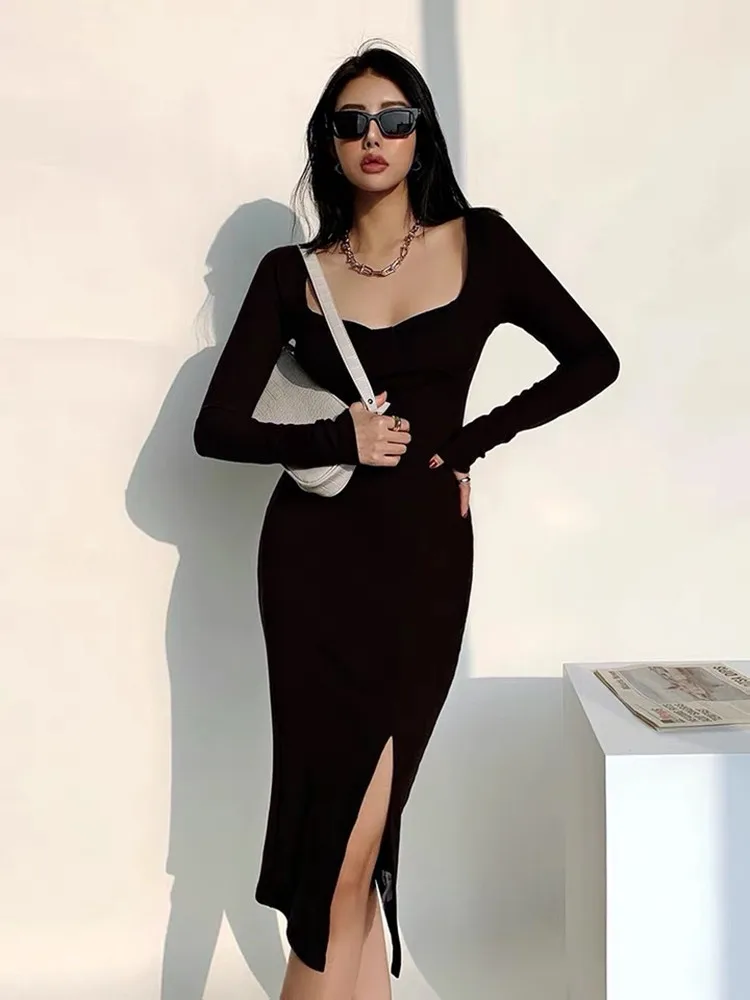 

Women Dresses Spring Autumn Long Sleeve Knit Midi Dress Elegant 2000s Aesthetic V Neck Slit Tight Dress Baddie Clothes Hugcitar