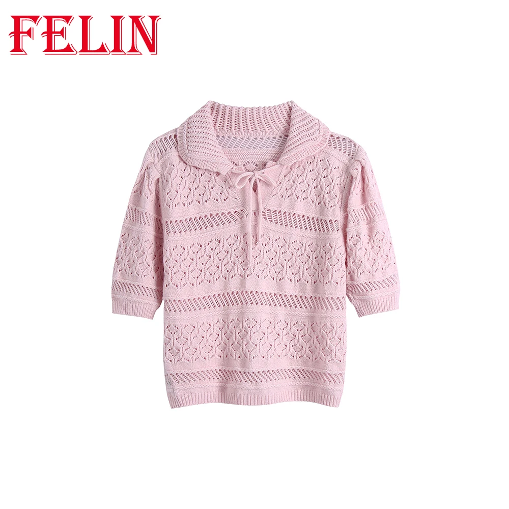 

FELIN Za 2021 новые женские розовые блузки жаккардовые сетчатые вязаные розовые топы с вырезами с коротким рукавом шикарные женские короткие топ...
