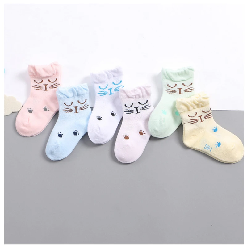 Calcetines de algod&oacute;n para beb&eacute; de 0 a 3 a&ntilde;os, medias con patr&oacute;n de gato, de color puro, para verano-1
