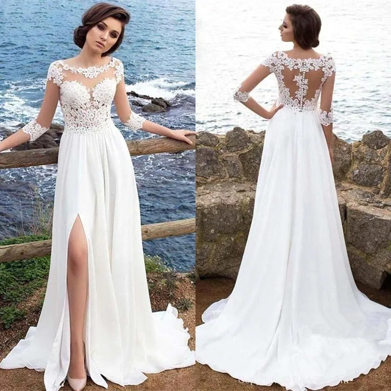 

Romantic High Slit Lace Beach Wedding Dress 2020 Sexy Illusion Back Half Sleeve Wedding Bridal Gowns Vestido de Noiva