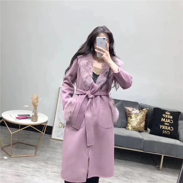 

Winter Thick Warm Natural Fox Fur Liner Double-sided Wool Coats Women Overcoat Detachable Cashmere Long Outwear With Hood