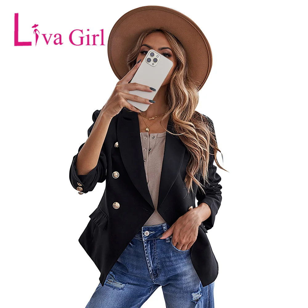 

Женский двубортный Блейзер LIVA GIRL с длинным рукавом, новый пиджак на пуговицах, 2021, Женский облегающий Повседневный офисный деловой блейзер ...