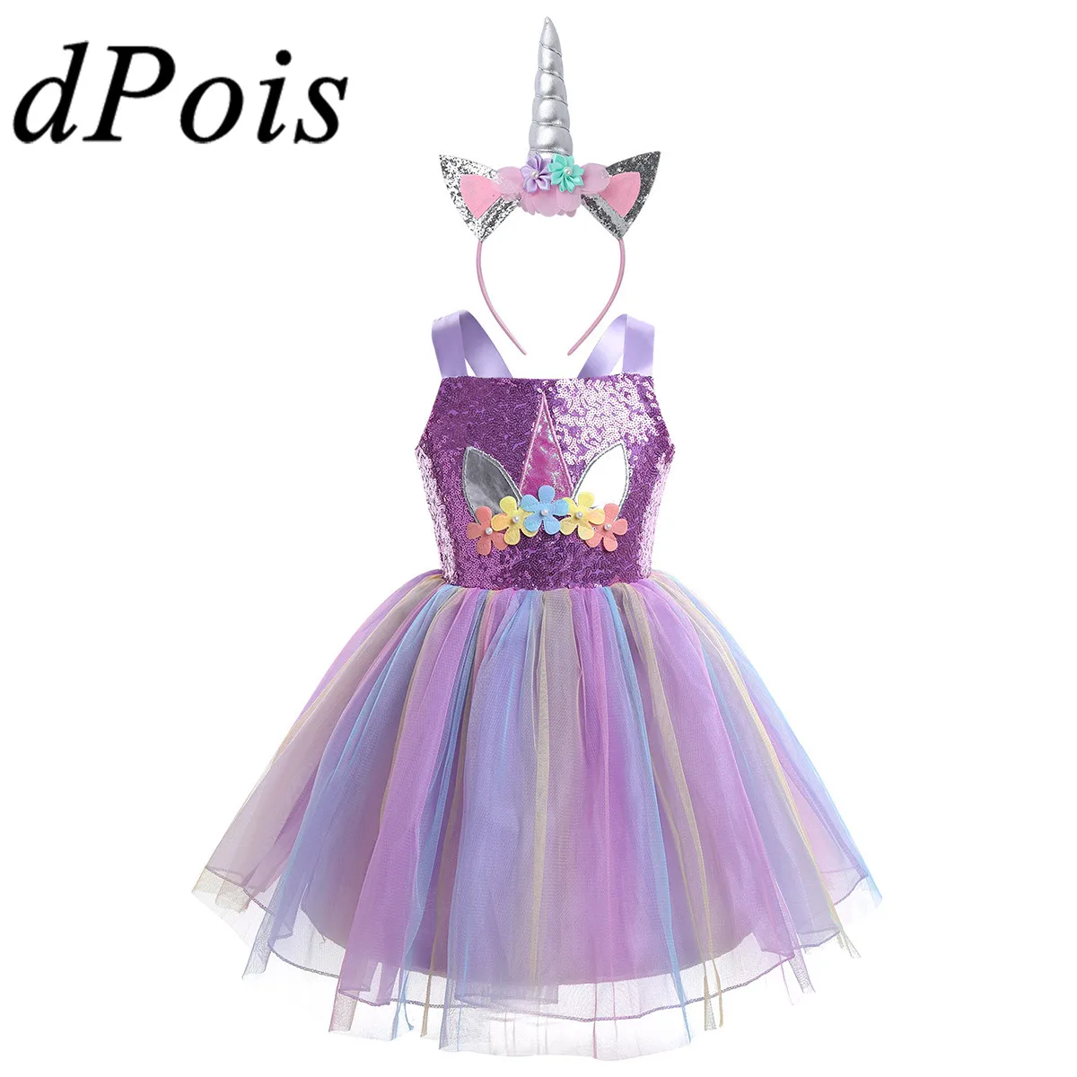 

Kids Cosplay Costume Girls Sparkly Sequins Cartoon Animal Horn 3D Flower Mesh Tutu Dress Children Princess Dress Up Costumes