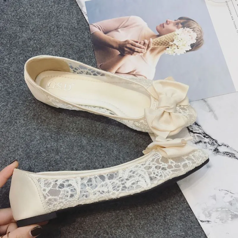 Туфли женские с бантом и острым носком кружевная дышащая удобная повседневная