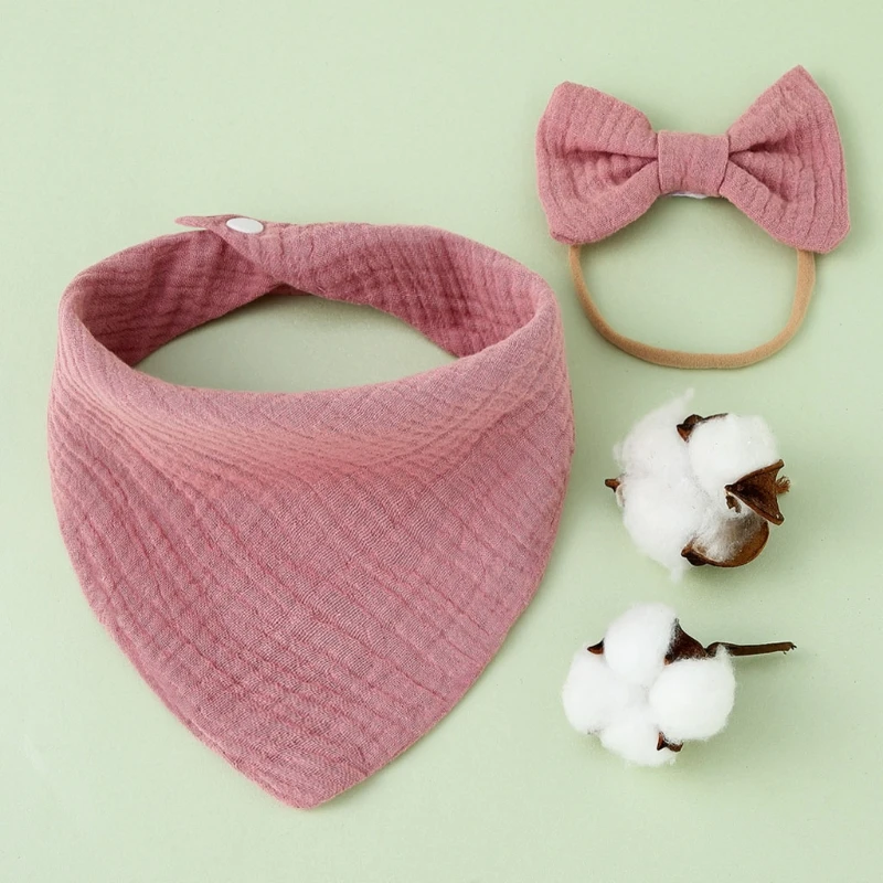

2 Pcs Baby Girls Elastic Bow Headband Saliva Towel Set Princess Solid Color Bowknot Hair Band Bib Kit Soft Pure Cotton Burp