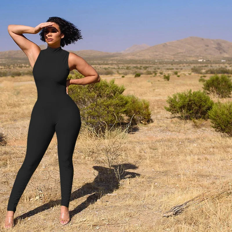 

Sexy Club Jumpsuit Women Elegance Fall Outfits 2020 Sleeveless Turtleneck Bodycon Romper Stacked Leggings One Piece Outfit Femme