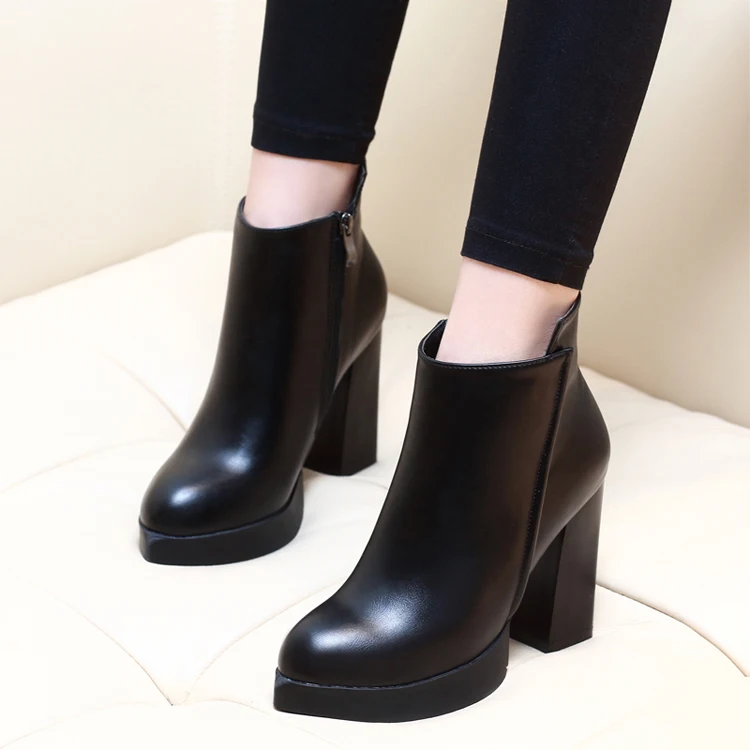 

Fashion Casual Zipper Pointed Toe Soft Leather Women Shoes Square High Heel Ankle Boots Black Motorcycle Boots Shoes G0011