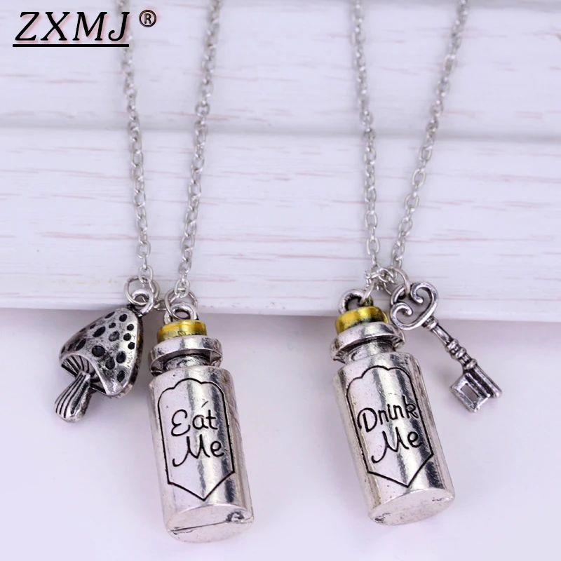 

ZXMJ Movie Alice in Wonderland Necklace 2 Styles Eat Me Drink Me Necklace Key Mushroom Bottle Pendant Jewelry Women Fashion Gift