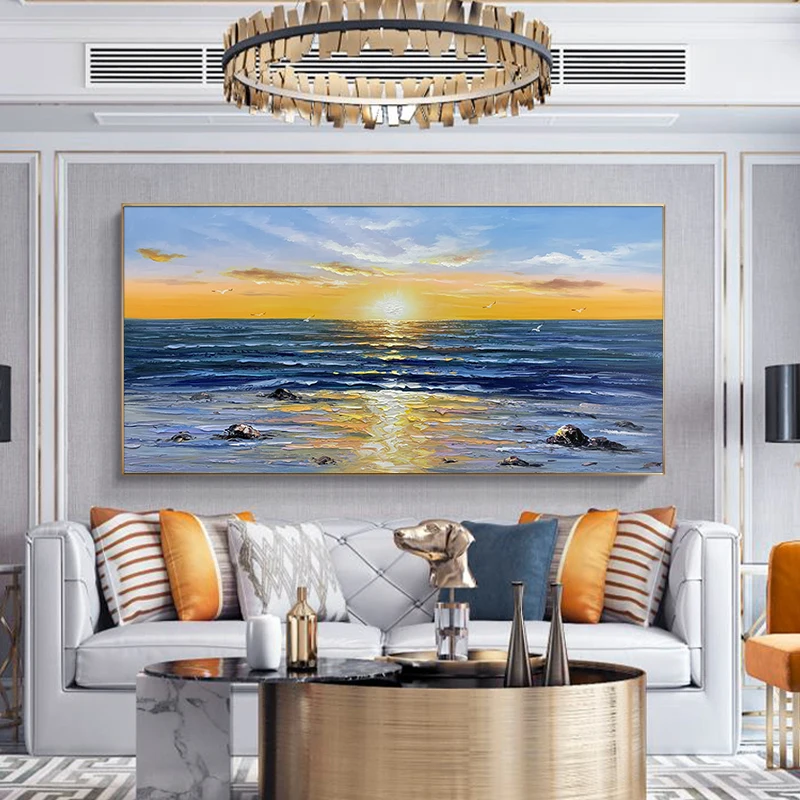 

Hand-Painted Oil Painting on Canvas Blue Sea Rising Sun Wall Hang Art Home Decor Decoracao Para Casa Cuadros Para Salon No Frame