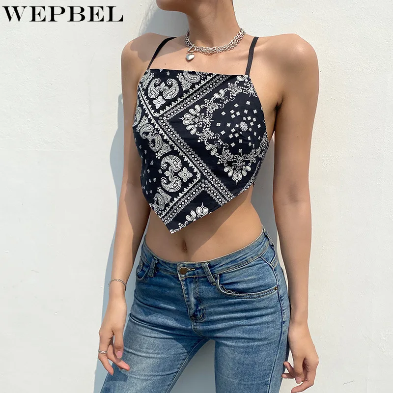 

WEPBEL Women Elegant Print Strap Crop Top Shirt Ladies Sleeveless Halter Irregular Short Bottoming T-shirt