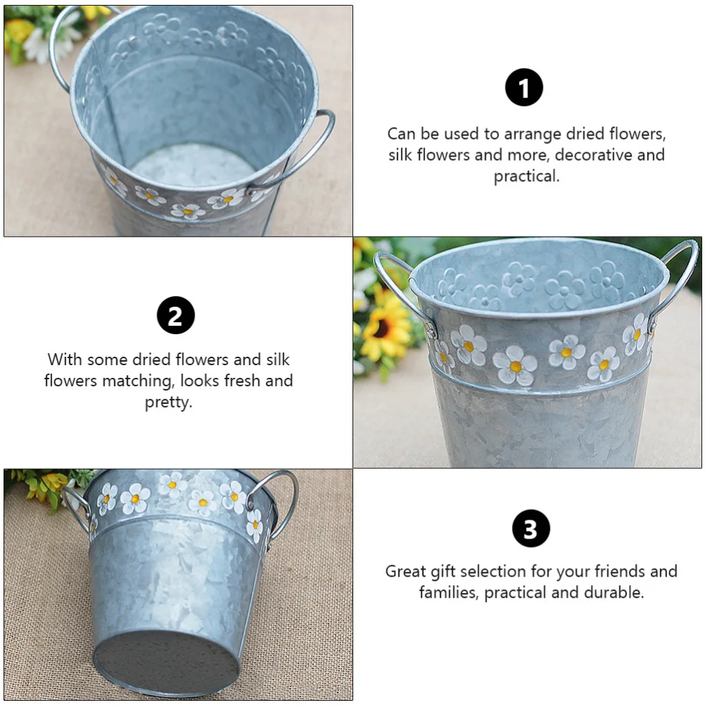 

2pcs Delicate Daisy Design Iron Bucket House Flower Container Retro Flower Vase