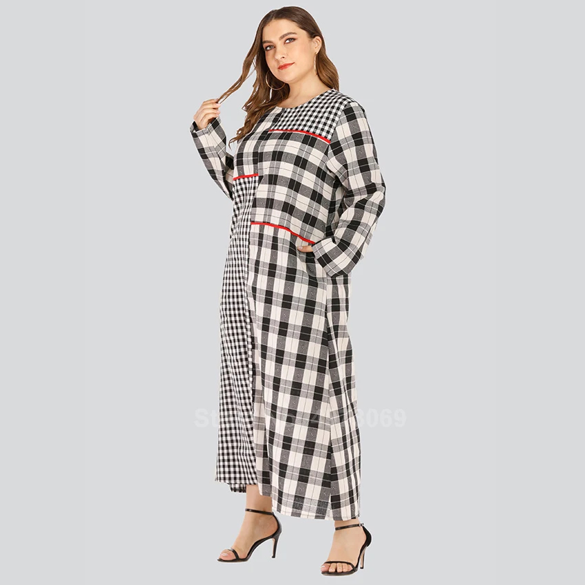 Женское платье макси размера плюс мусульманское в клетку с длинным рукавом и