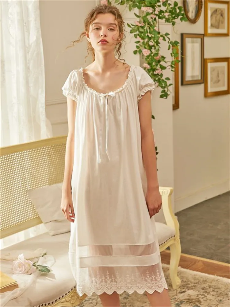 

Summer knitted cotton sleep dress female stitching lace agaric laces solid color round neck short sleeves long nightdress