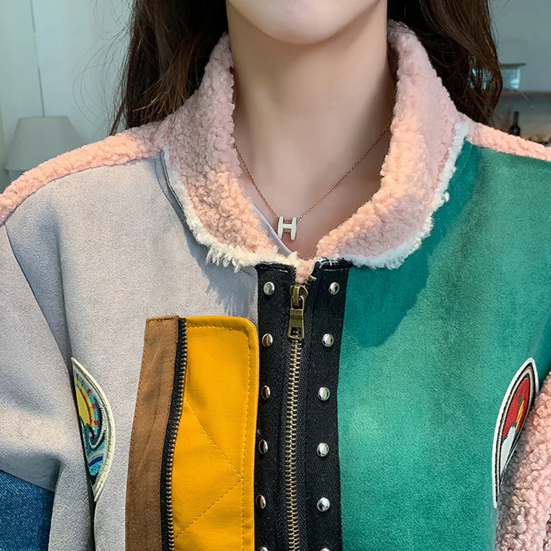 PERHAPS U Women Faux Fur Ted Denim Jacket Outwear Zipper Warm Thick Patchwork Leather C0474