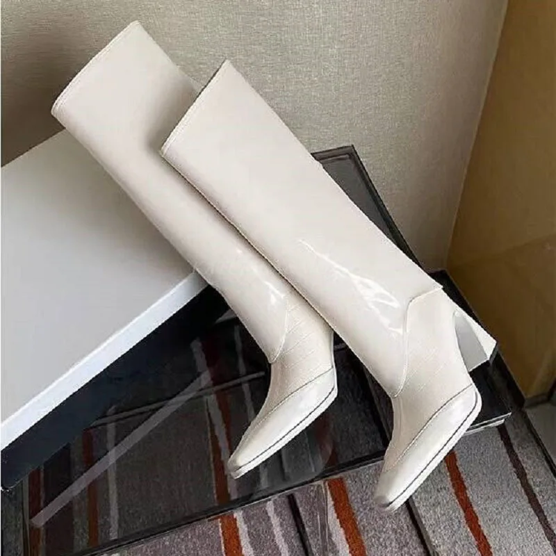 

New Fashion Knee-High Long Boots Heels Elegant Women Genuine Pointed Toe Slip On High Quality Ladies Long Boot Shoes Black White