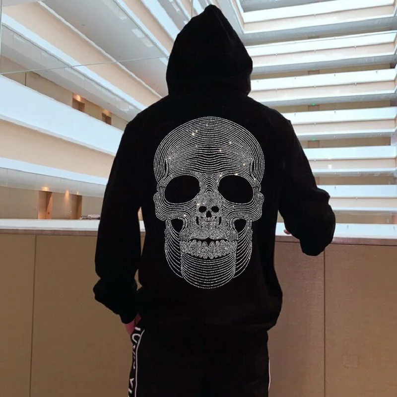 

Luxury Skull Men's Europe and America Top Winter Brand Trend Hip Hop Hoodie Print Hot Rhinestone Pullover Clothing