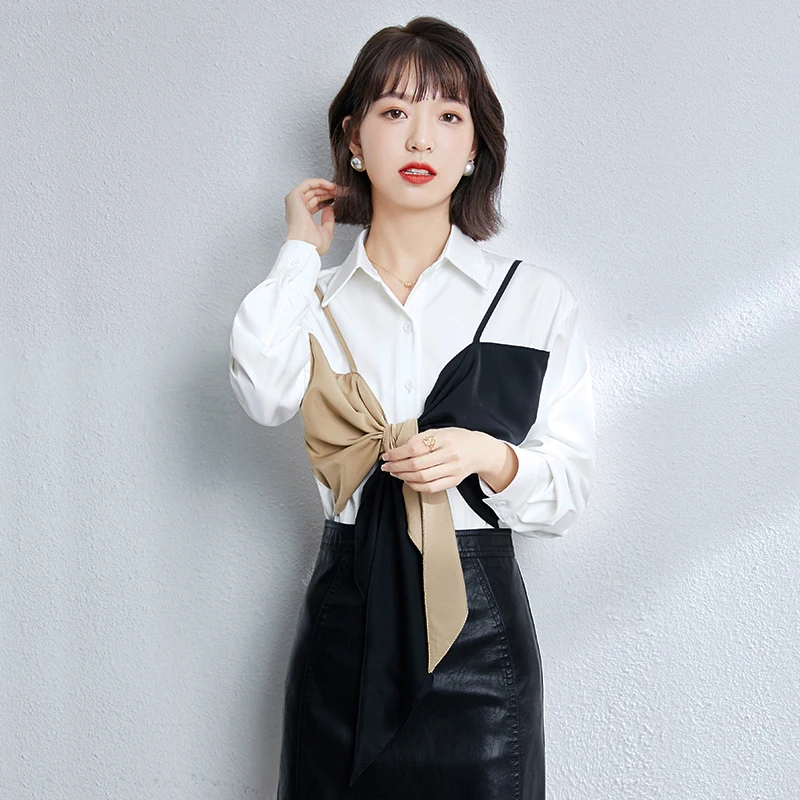 Женская блузка с отложным воротником белая офисная составного кроя длинным