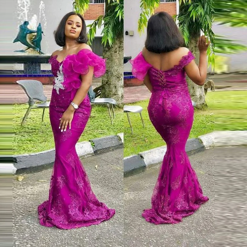 

African Evening Gowns Fuchsia Long Floor Length Custom Made Prom Gowns Applique abiye Women Formal Party Dress Mermaid