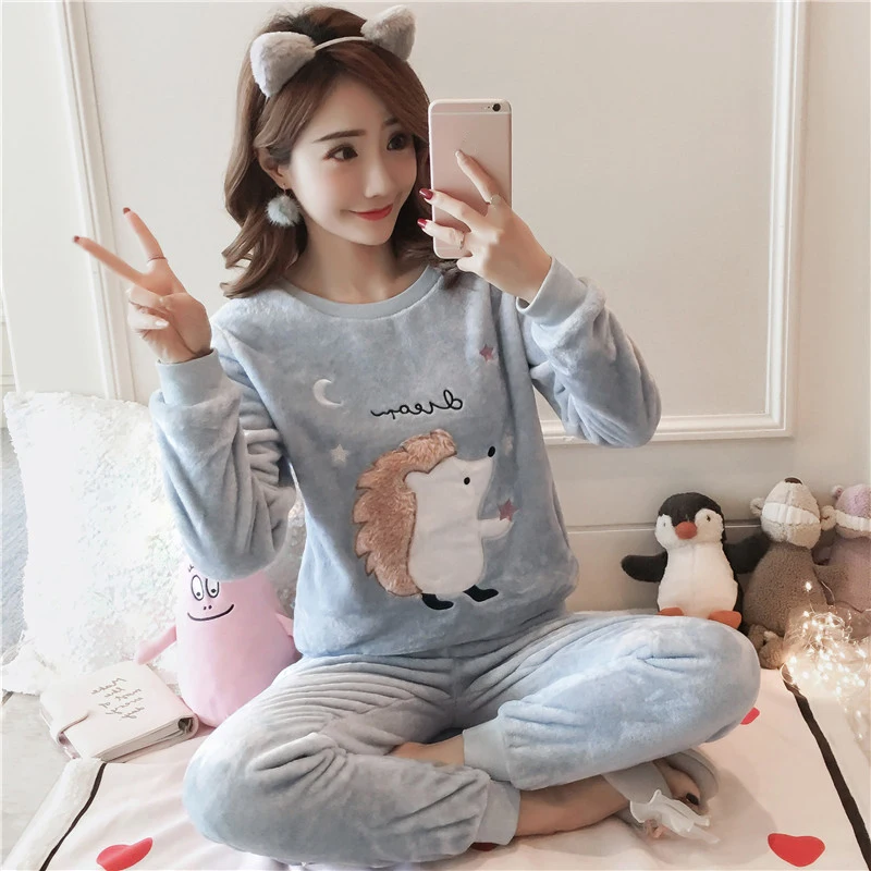 

Autumn And Winter Female Thicken Coral fleece pajamas Korean version sweet Cartoon Long sleeve Home service suit WHX012