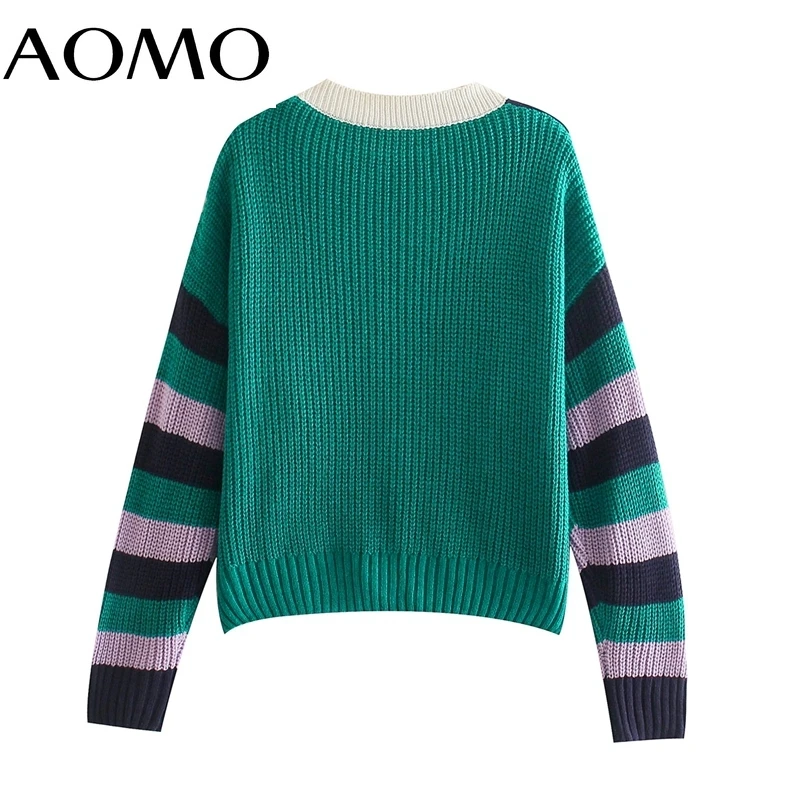 

AOMO Women Elegant Color Block Cardigan Vintage Jumper Lady Fashion Oversized Knitted Cardigan Coat QJ62A