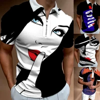 shirts for men face art print short sleeve tshirts streetwear mens clothing graphic t shirts turn down collar zipper shirt tops