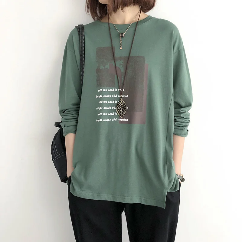 Женская свободная футболка с длинным рукавом круглым вырезом из хлопка во всех