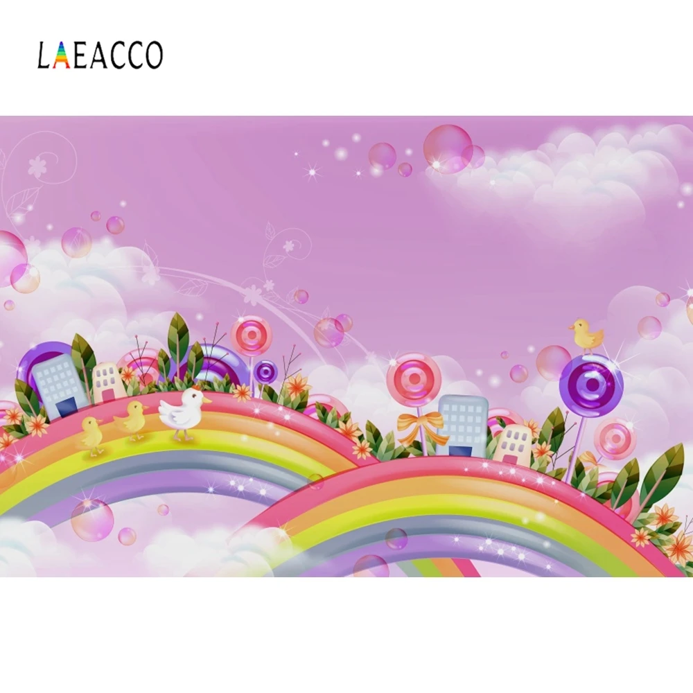 Laeacco день рождения фотографии фоны Baby Shower Фото Розовое Небо белые облака Радуга