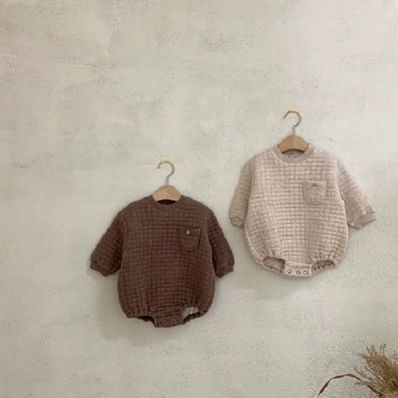 

Baby Romper Children's Solid Color Plaid Long Sleeve Triangle Jumpsuit Autumn Boy Girls Cotton Round Neck Bag Butt Vetement Bebe